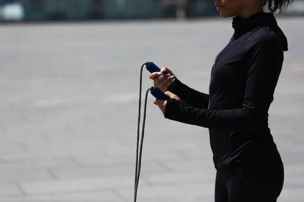 Cropped View African American Sportswoman Black Sportswear Holding Jump Rope — Stock Photo, Image