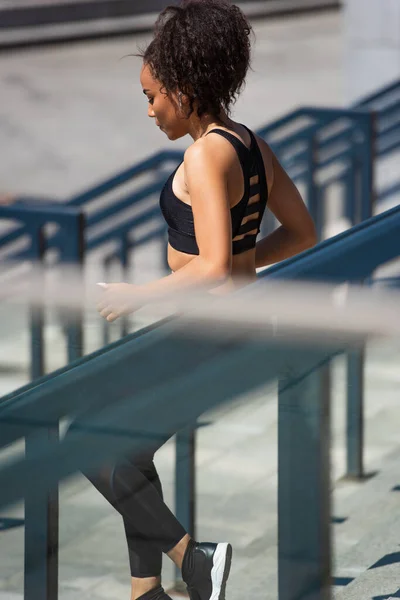 Side View Young African American Runner Earphone Working Out Stairs — Stock Photo, Image