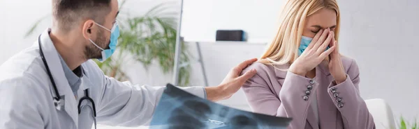 Doctor Lungs Fluorography Calming Upset Woman Crying Medical Mask Banner — Stock Photo, Image