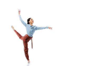 Cheerful professional ballerina dancing on white background  clipart