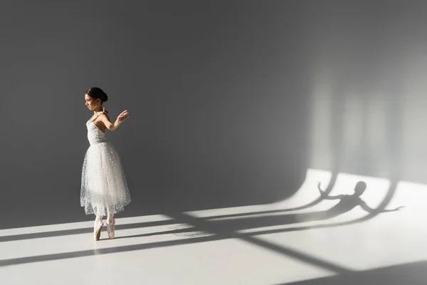 Side View Brunette Ballerina Dancing Grey Background Shadow — Stock Photo, Image