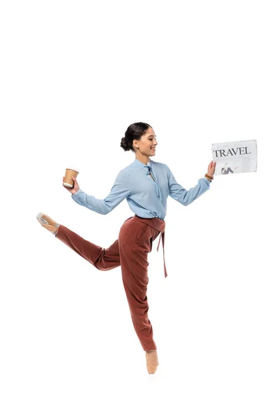 Cheerful Ballerina Holding Paper Cup Travel News Isolated White — Stock Photo, Image