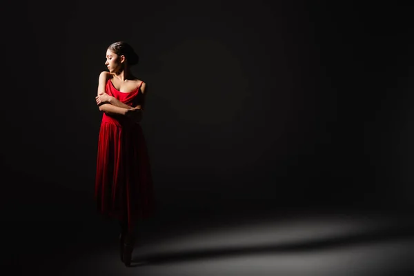 Side View Ballerina Red Dress Dancing Light Black Background — Stock Photo, Image