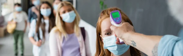 Pyrometer Hand Teacher Measuring Temperature Schoolgirl Medical Mask Banner — Stock Photo, Image