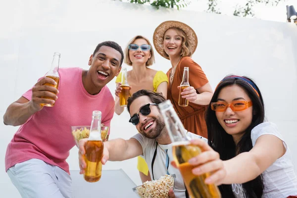 Cheerful Multiethnic Friends Toasting Beer While Looking Camera Party — Stock Photo, Image