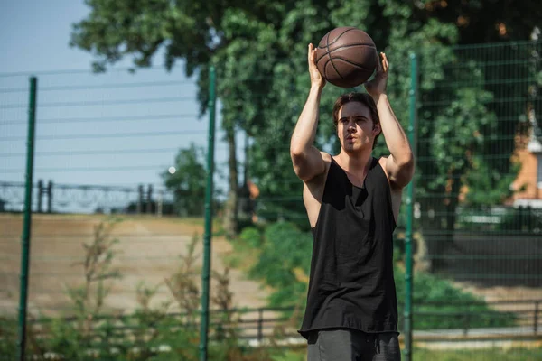 Morena Jugador Baloncesto Celebración Pelota Aire Libre — Foto de Stock