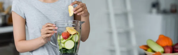 Cropped View Woman Adding Apple Shaker While Preparing Breakfast Banner — Stock Photo, Image