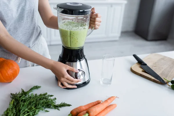 Partial View Woman Preparing Fresh Smoothie Ripe Pumpkin Raw Carrots — Stock Photo, Image