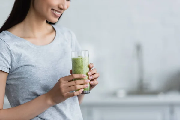 Partial View Smiling Woman Holding Glass Fresh Homemade Smoothie — Stock Photo, Image