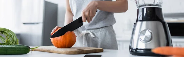 Partial View Woman Cutting Fresh Pumpkin Cucumbers Electric Blender Banner — Stock Photo, Image