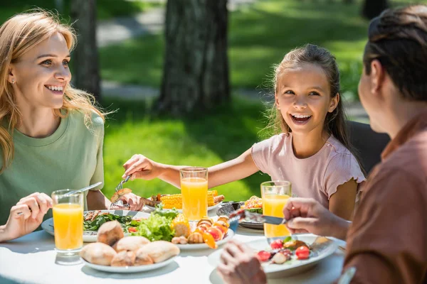 Piknik Sırasında Planda Bulanık Duran Babaya Bakan Olumlu Aile — Stok fotoğraf