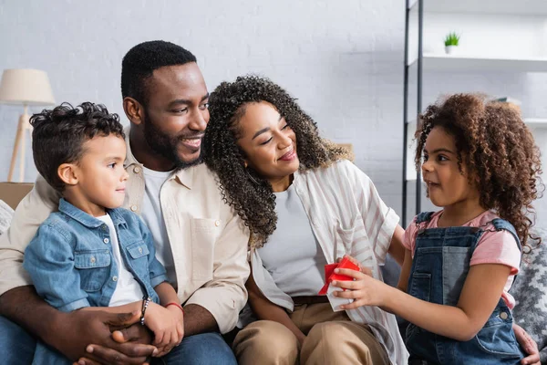 African American Kid Holding House Model Happy Family New Apartment — Stock Photo, Image
