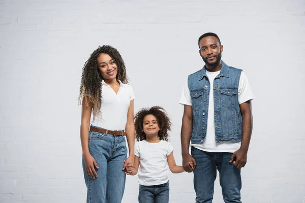Happy African American Couple Holding Hands Daughter Grey — Stock Photo, Image