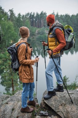 back view of couple with backpacks holding hiking sticks and looking at lake clipart