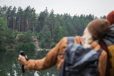 green trees and lake in forest near blurred couple on foreground 