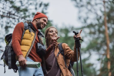 low angle view of happy man and woman pointing with fingers in forest 