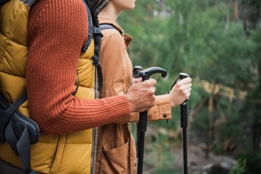 partial view of young couple trekking together with hiking sticks 