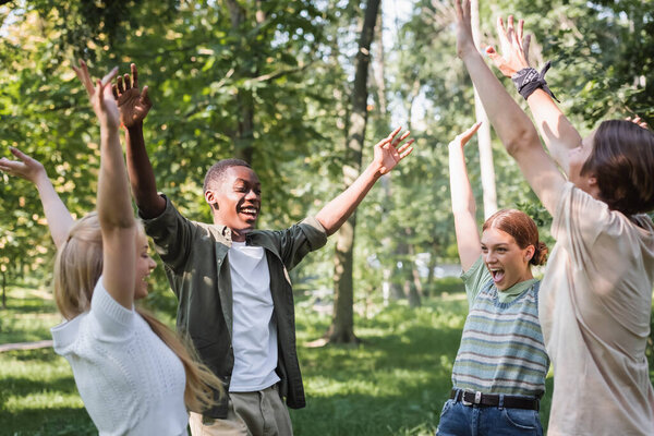 Excited multiethnic teenagers raising hands in park 