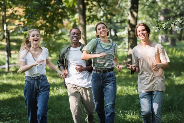 Adolescentes Multiétnicos Felizes Correndo Grama Parque — Fotografia de Stock