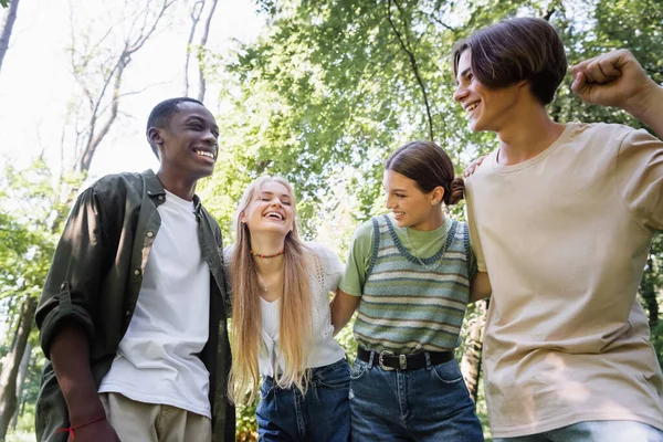 Low Angle View Excited Multiethnic Teenagers Park — Stock Photo, Image