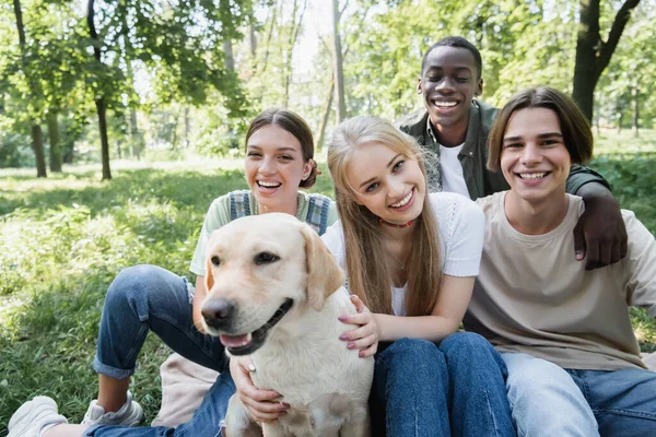 Leende Interracial Tonåringar Tittar Kameran Nära Suddig Retriever Parken — Stockfoto