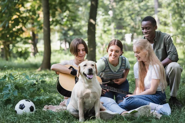 Positiv Gemischte Teenager Mit Akustikgitarre Fußball Und Retriever Auf Dem — Stockfoto