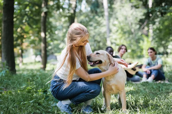 Leende Tonåring Flicka Petting Retriever Gräsmatta Parken — Stockfoto