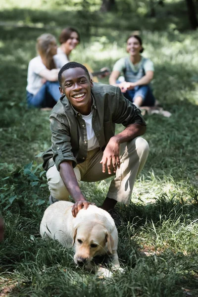 Mosolygó Afro Amerikai Tinédzser Néz Kamera Közelében Retriever Gyepen — Stock Fotó