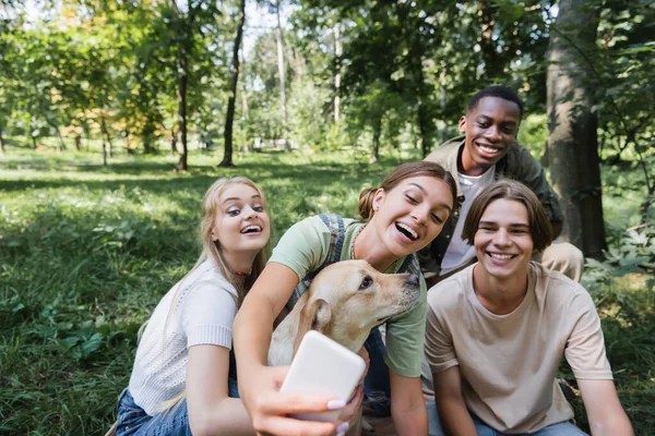 Cheerful Teenager Taking Selfie Retriever Multiethnic Friends Park — ストック写真