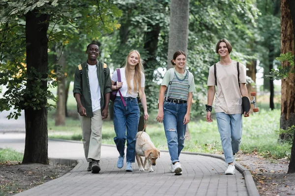 Leende Multietniska Tonåringar Med Skateboard Och Retriever Promenader Parken — Stockfoto