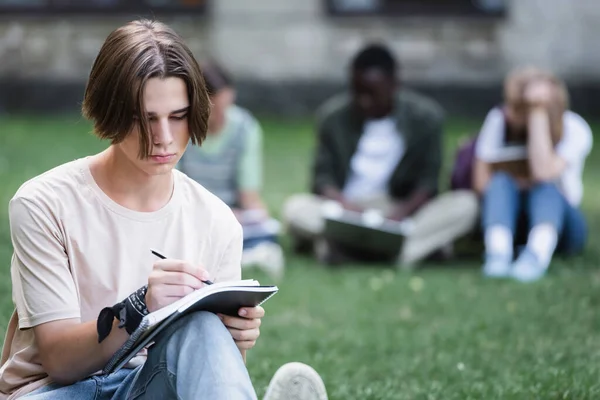 Student Pisanie Notatniku Pobliżu Rozmazanych Przyjaciół Trawniku — Zdjęcie stockowe