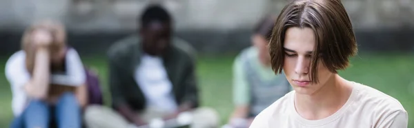 Estudiante Triste Mirando Hacia Otro Lado Cerca Borrosa Amigos Aire —  Fotos de Stock