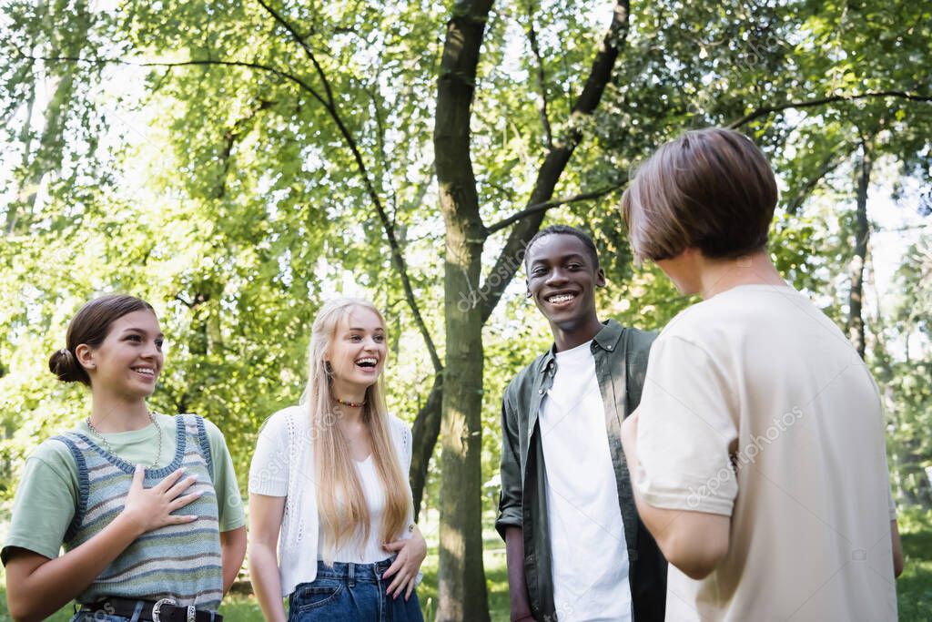 Smiling interracial teenagers talking to friends in park 