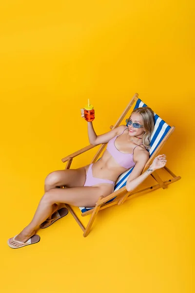 High Angle View Happy Young Woman Swimsuit Sitting Deck Chair — Stock Photo, Image