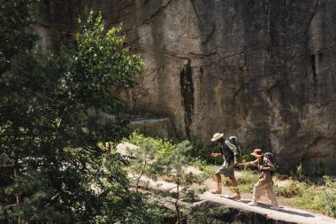 Uçurumun kenarında yürürken kıdemli eşinin elini tutan Afrikalı Amerikalı gezginin yan görüntüsü 
