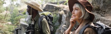 Yaşlı Afro-Amerikan turist yürüyüş direkleri ormanda bulanık karısının yanında duruyor. 