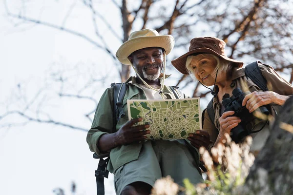 Vista Ángulo Bajo Alegre Pareja Interracial Excursionistas Mirando Mapa Bosque — Foto de Stock