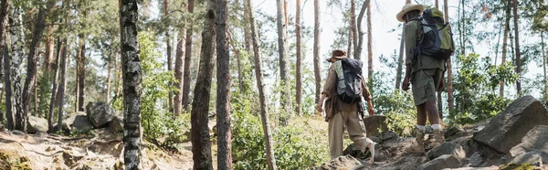 Multiethnic Couple Backpacks Walking Stones Forest Banner — Stock Photo, Image