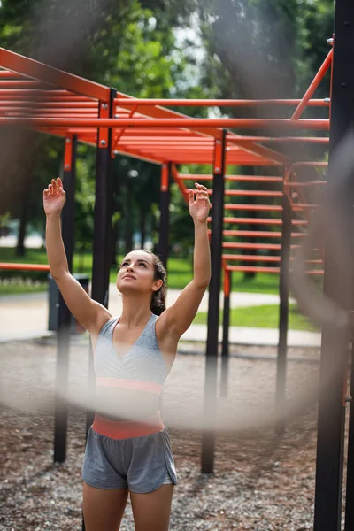 Young Athletic Woman Raised Hands Preparing Exercise Pull Bar Outdoor — Stock Photo, Image