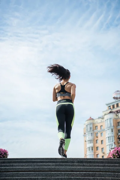 Back View Sportive Woman Running Urban Street — Stock Photo, Image