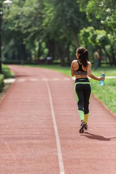 Kırpılmış Bluzlu Spor Suyla Parkta Koşarken Tozluklu Spor Kadınlarının Arka — Stok fotoğraf