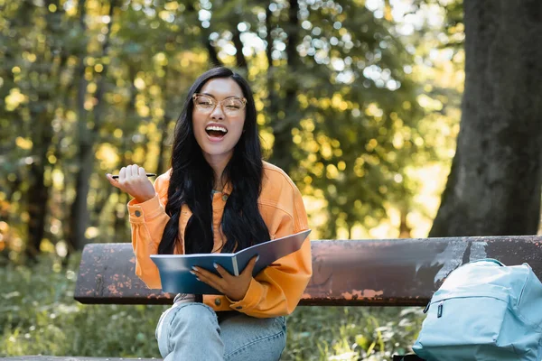 Eccitato Asiatico Studente Ridere Macchina Fotografica Mentre Seduto Panchina Con — Foto Stock