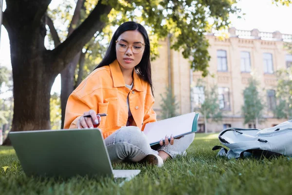 ノートとペンで芝生に座っている間にノートパソコンを指しているアジアの学生は — ストック写真