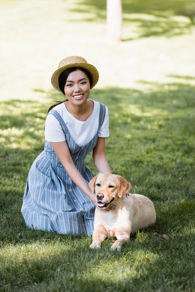 Cheerful Asian Woman Striped Sundress Looking Camera Dog Lawn Park — Stock Photo, Image
