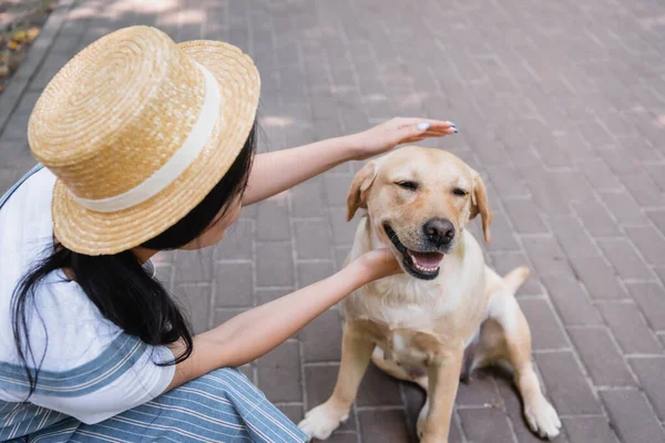 Morena Mujer Sombrero Paja Acariciando Labrador Amarillo Parque — Foto de Stock