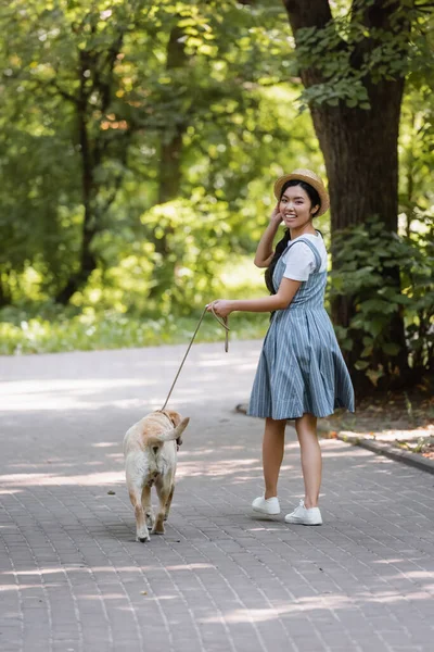 Positive Asian Woman Striped Sundress Walking Dog Park Smiling Camera — Stock Photo, Image