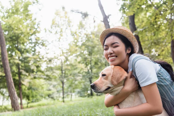 Eccitato Asiatico Donna Paglia Cappello Abbracciando Labrador Parco — Foto Stock