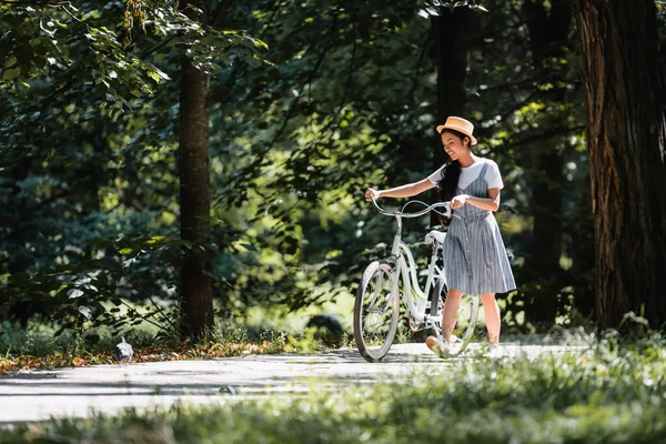 公園で自転車で歩く縞模様のサンドレス姿の幸せなアジア人女性 — ストック写真