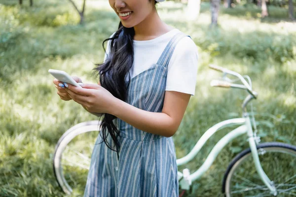 Vista Cortada Mulher Sorridente Conversando Smartphone Perto Bicicleta Embaçada Parque — Fotografia de Stock