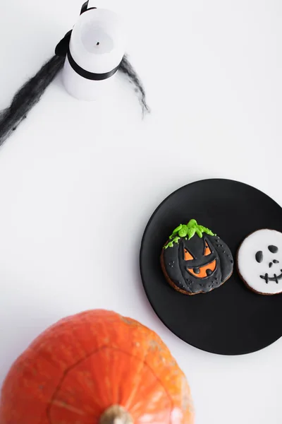 Top View Sweet Halloween Cookies Ripe Pumpkin — Stock Photo, Image